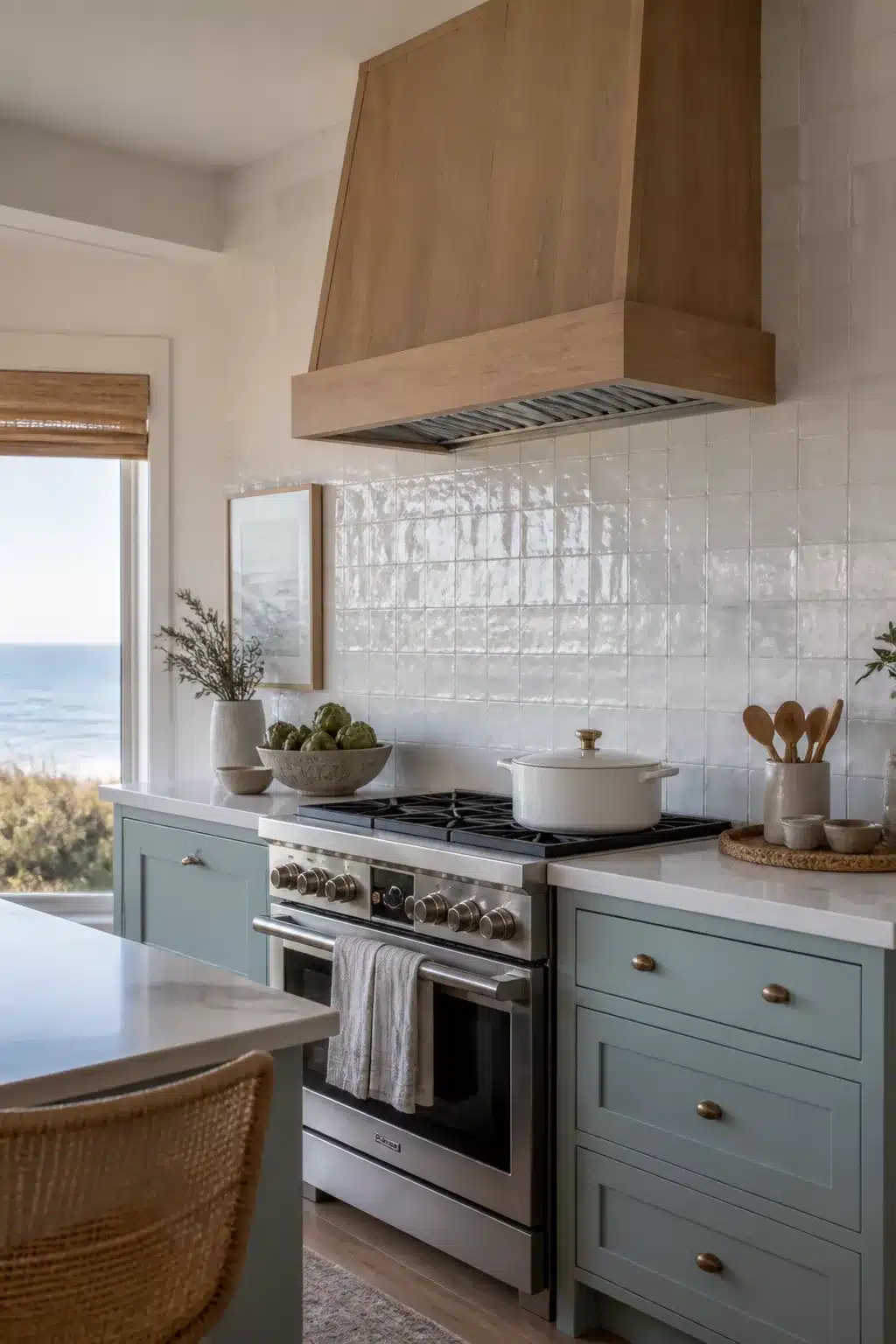 Coastal kitchen backsplash ideas — glossy white zellige tile with natural wood range hood and sage green cabinets