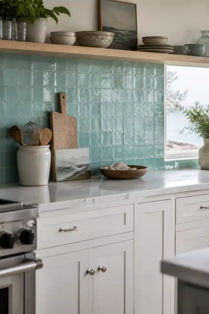 Rippled aqua zellige tile coastal kitchen backsplash ideas with white shaker cabinets and marble countertop