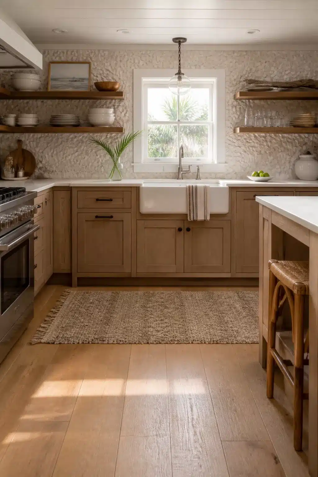 Coastal kitchen backsplash ideas — textured oyster shell mosaic with oak cabinets and farmhouse sink