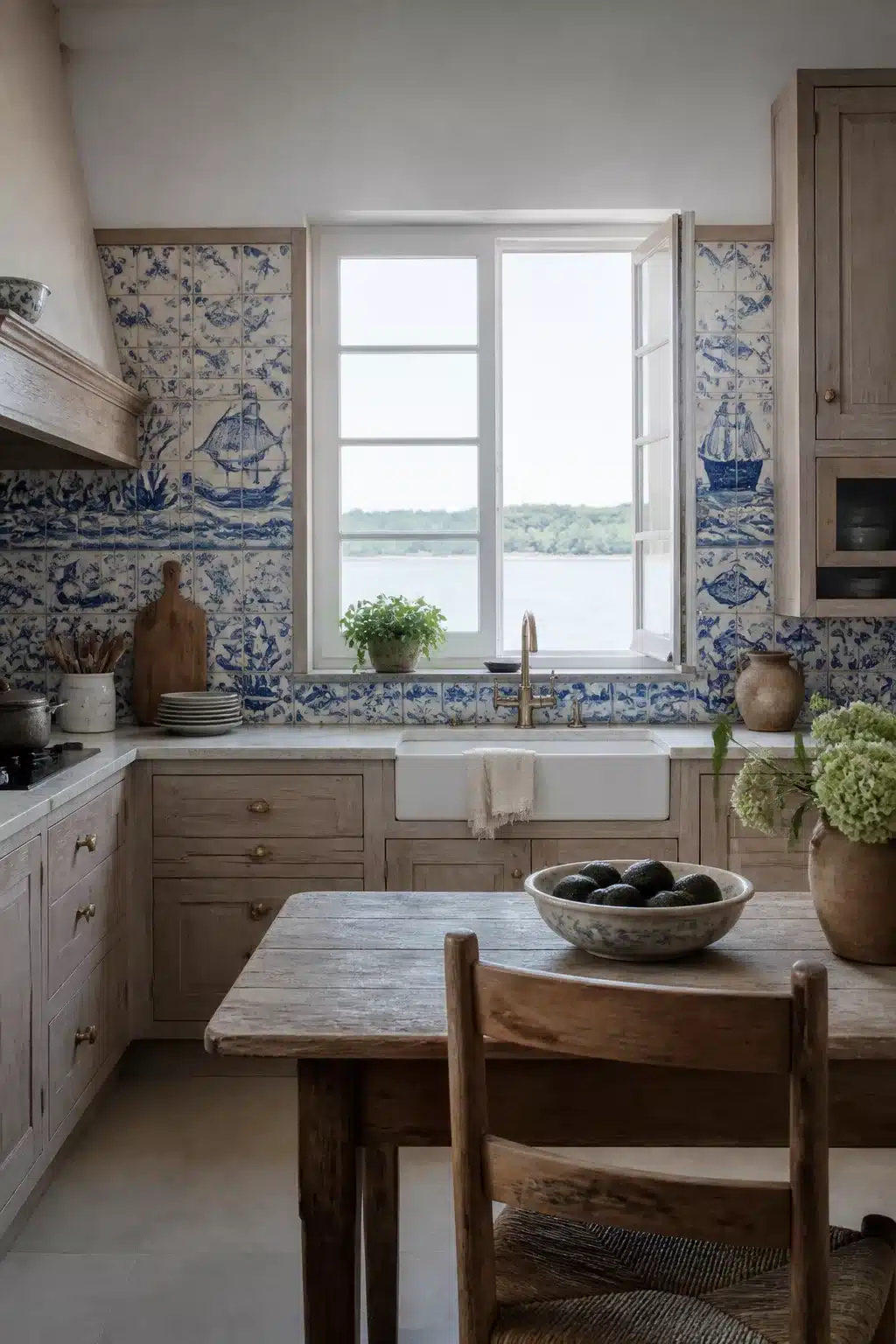 Blue & white painted Portuguese azulejo panel tiles — coastal kitchen backsplash ideas with maritime motifs