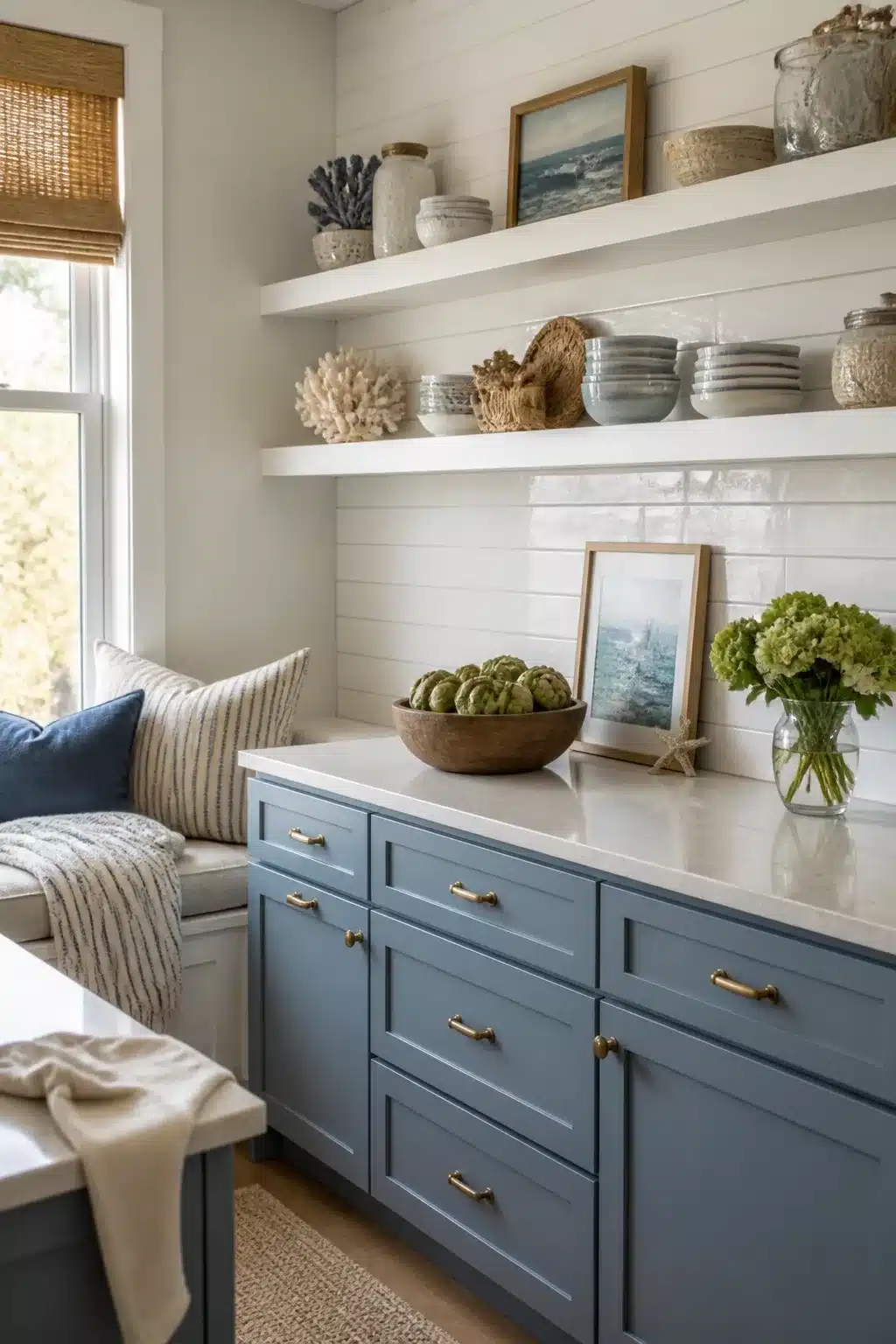 Coastal kitchen backsplash ideas featuring white shiplap-look ceramic tile with blue cabinets and brass hardware