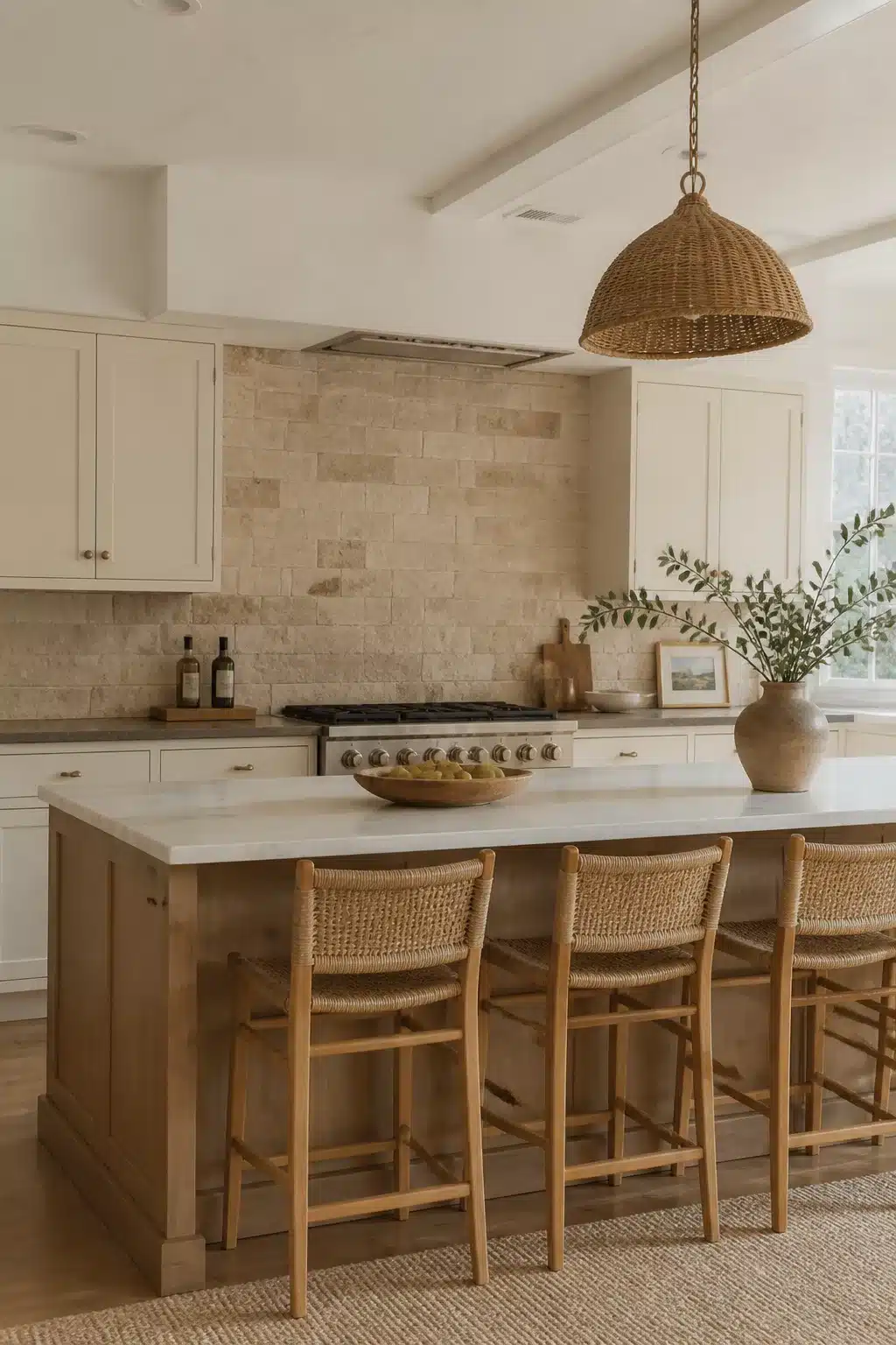 Sandy beige travertine stacked stone coastal kitchen backsplash ideas with cream cabinets and wood island