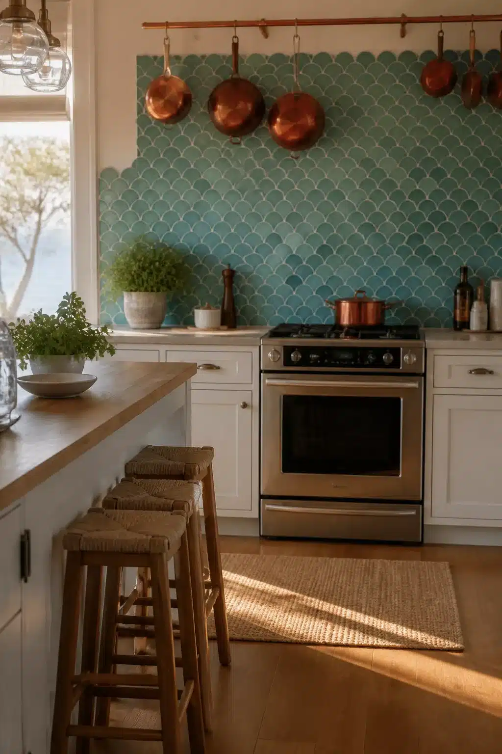 Coastal kitchen backsplash ideas featuring turquoise fish-scale fan tiles with copper pots and white cabinets