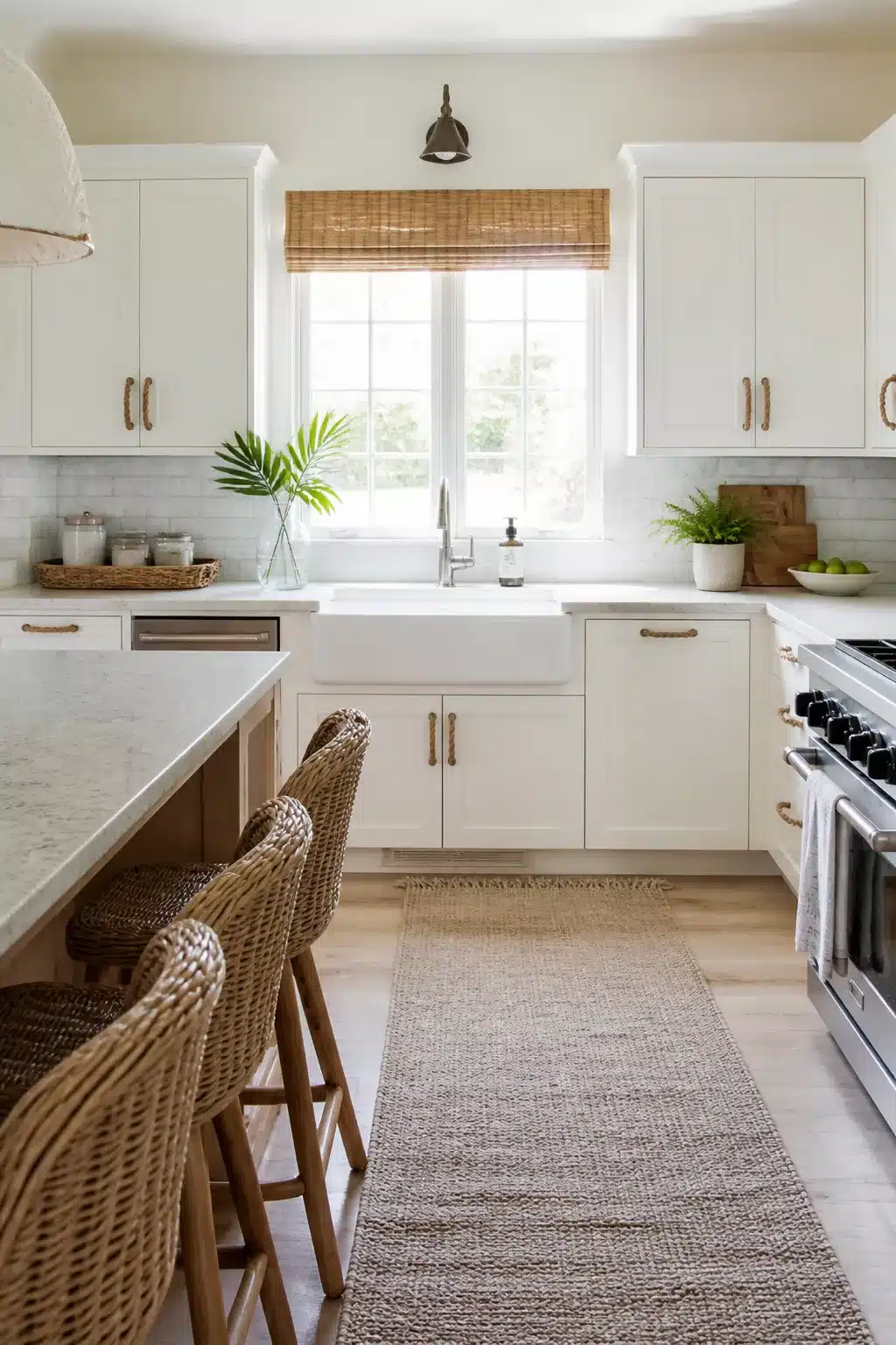 Coastal kitchen cabinets in white shaker style with rope pulls, farmhouse sink, and wicker bar stools
