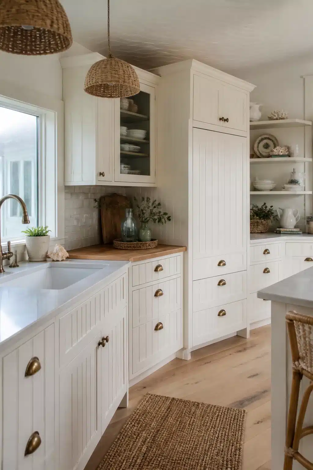 Warm white beadboard coastal kitchen cabinets with antique brass cup pulls, farmhouse sink, and jute rug
