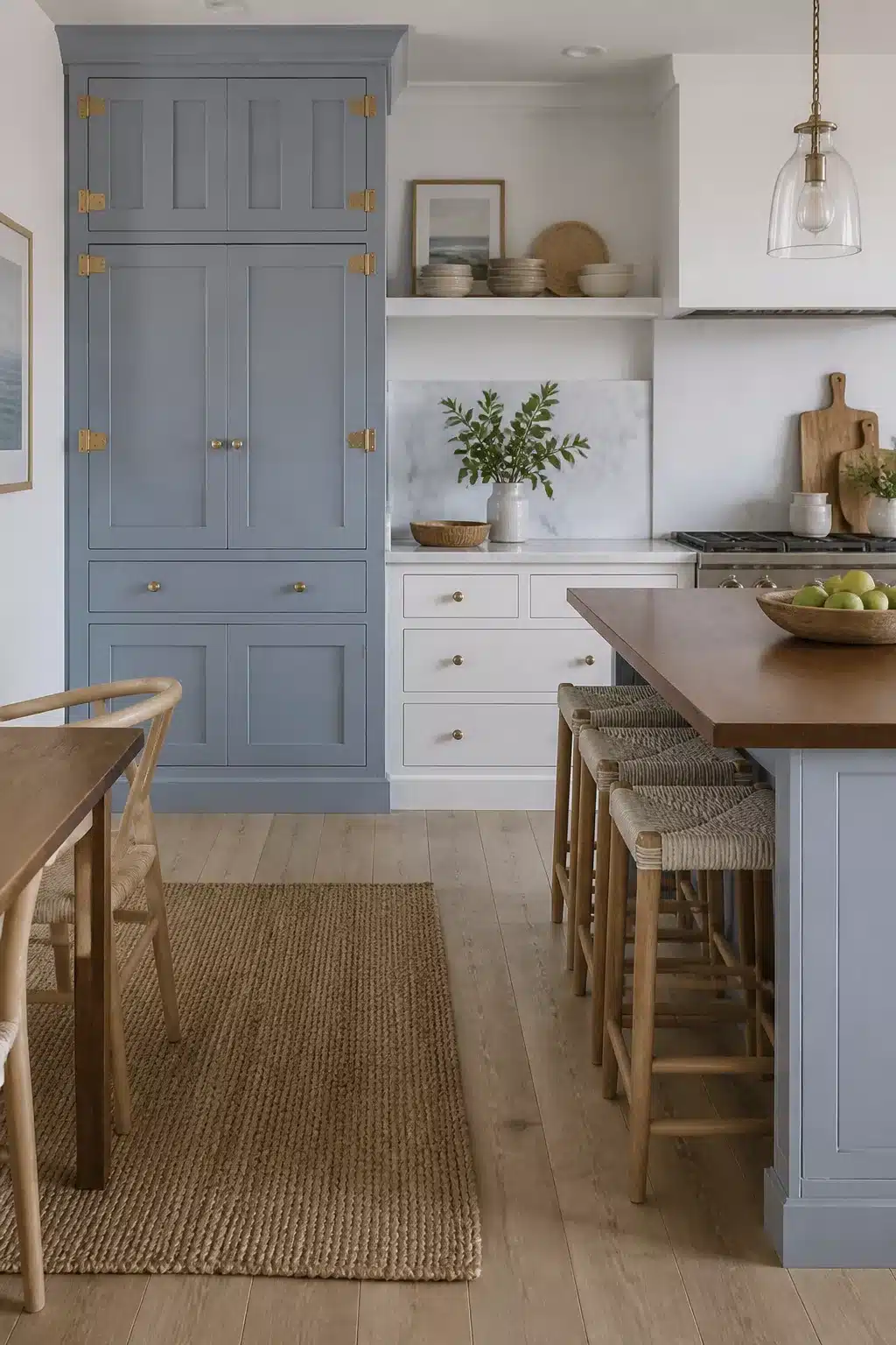 Pale blue full-height pantry coastal kitchen cabinets with brass hardware and white perimeter cabinetry