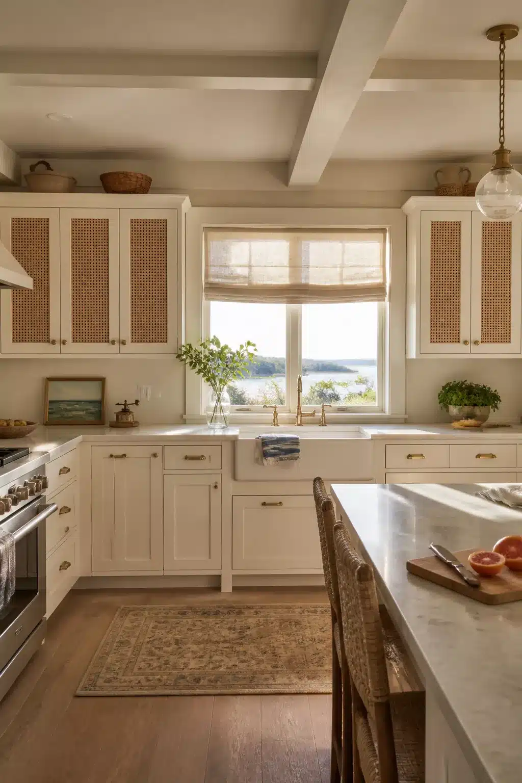 Coastal kitchen cabinets in oyster white with cane-front upper inserts, brass hardware, and a farmhouse sink with water views