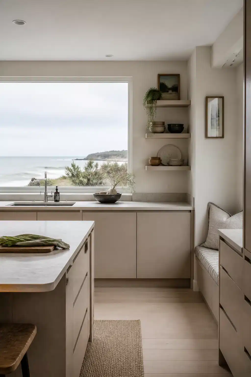 Greige slab-door coastal kitchen cabinets with ocean view window and matte stone countertops