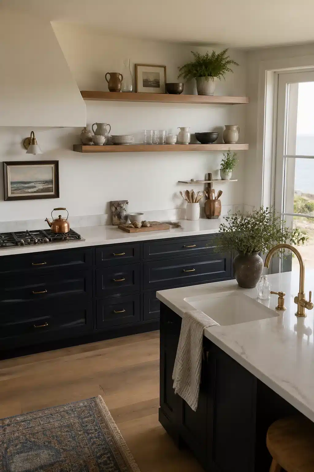 Inky blue-black coastal kitchen cabinets with brass pulls, open oak shelves, and marble island countertop