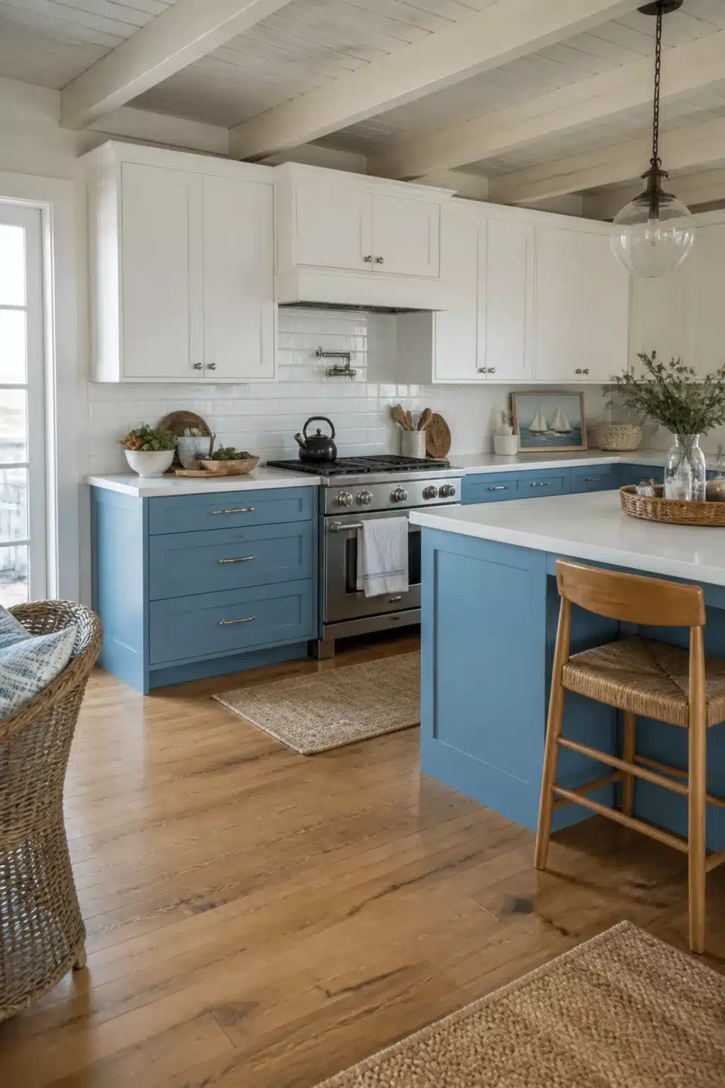 Two-tone coastal kitchen cabinets with steel blue lowers, white uppers, subway tile backsplash, and hardwood floors