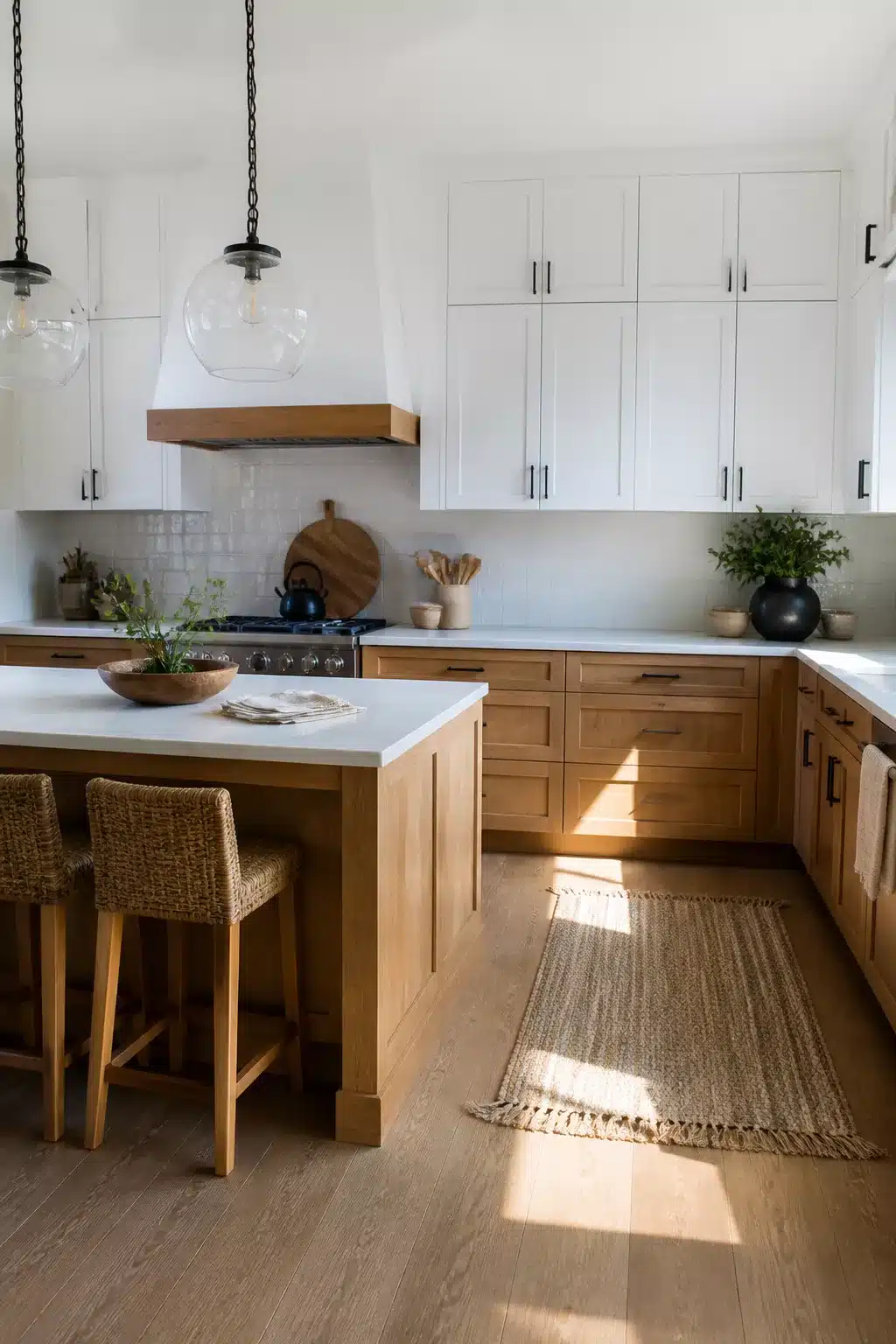 Coastal kitchen cabinets with warm oak lowers, white shaker uppers, matte black hardware and jute runner