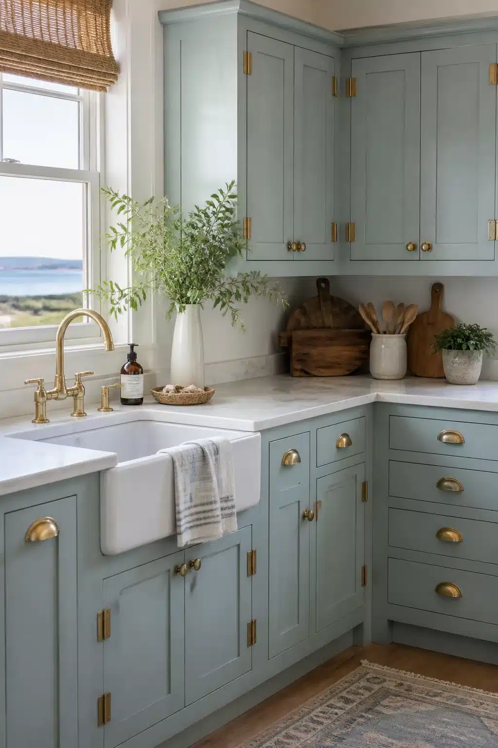 Dusty aqua inset coastal kitchen cabinets with brass cup pulls, farmhouse sink, and ocean view window