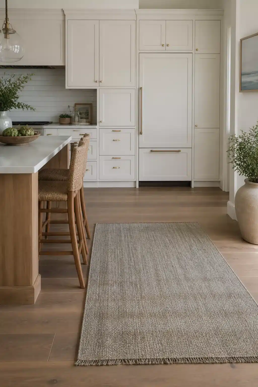 Linen white coastal kitchen cabinets with paneled refrigerator surround, brass pulls, and oak island