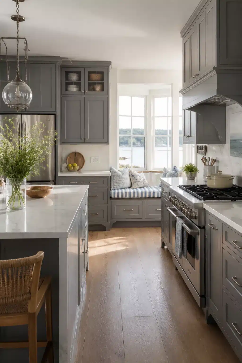 Storm gray inset coastal kitchen cabinets with white marble island and window bench seating