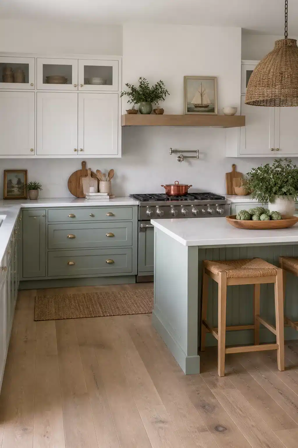 Coastal kitchen cabinets in sea-glass green with white uppers, brass pulls, and wide-plank oak floors