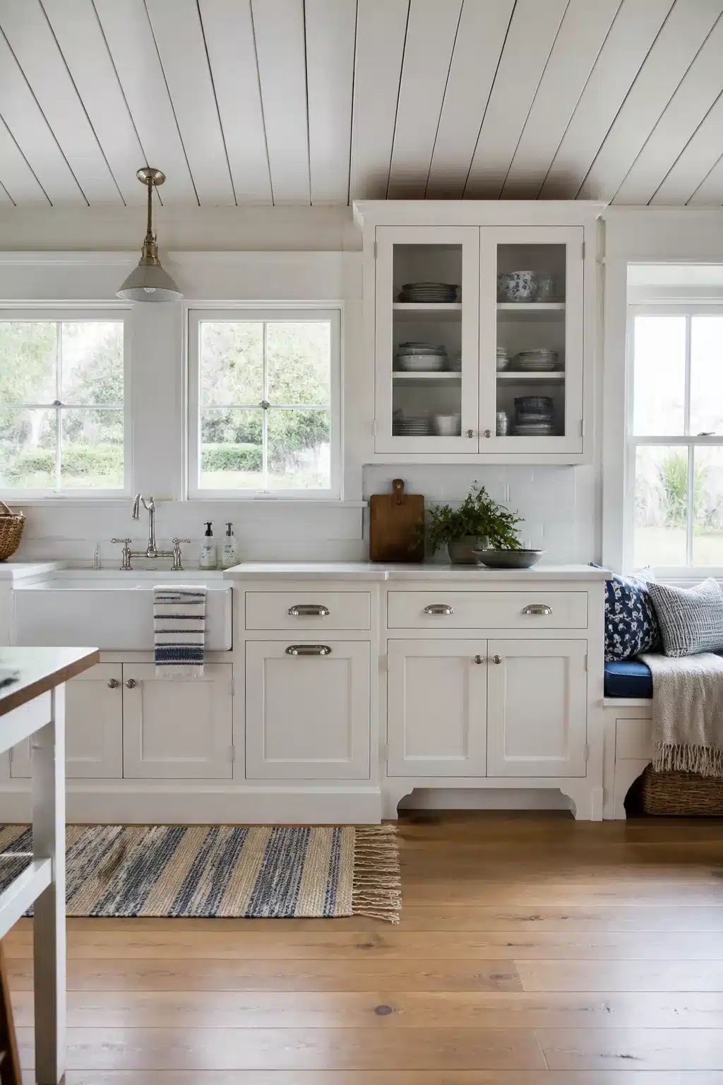 Coastal kitchen cabinets in painted white inset style with shiplap ceiling, apron sink, and wide-plank oak floor.