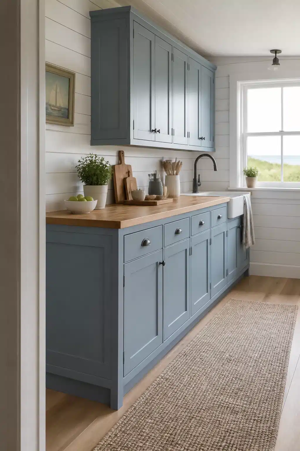 Dusty blue Shaker coastal kitchen cabinets with butcher block counters and shiplap walls