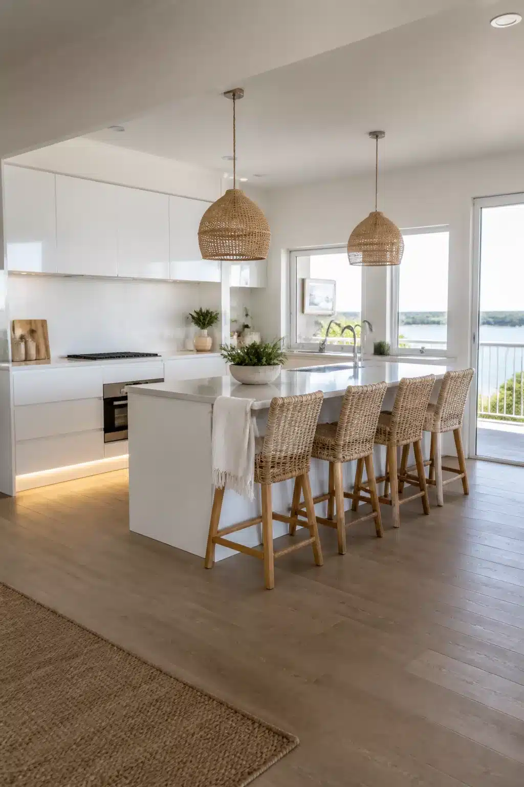 White lacquer coastal kitchen cabinets with integrated toe-kick lighting, rattan pendants, and wicker bar stools.