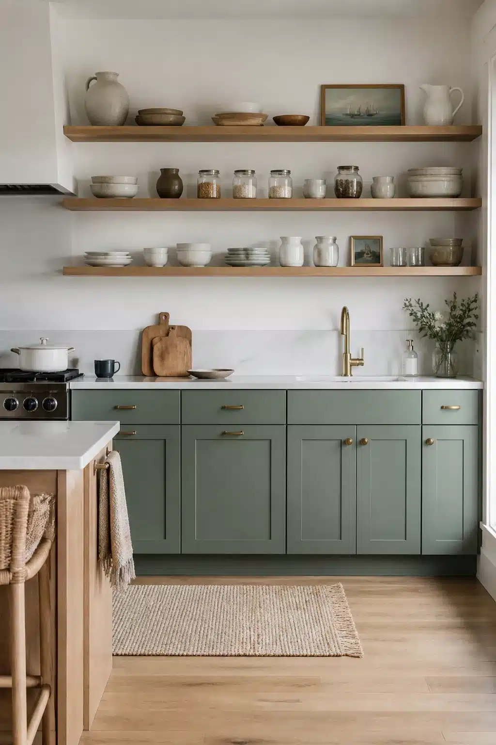 Coastal kitchen cabinets in muted sage green with brass pulls and warm oak floating open shelves