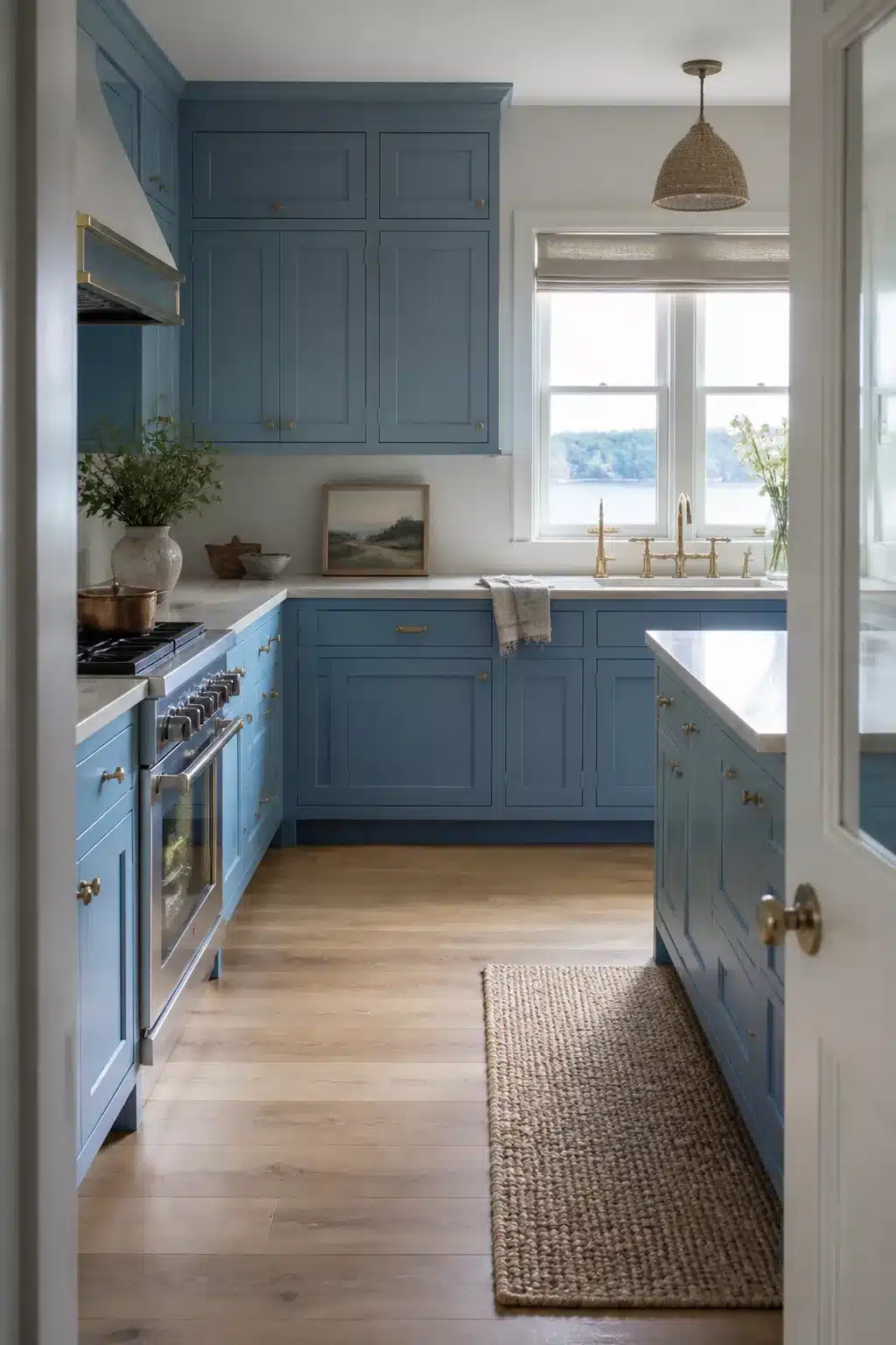 French blue coastal kitchen cabinets with brushed brass hardware, white counters, and a water view window