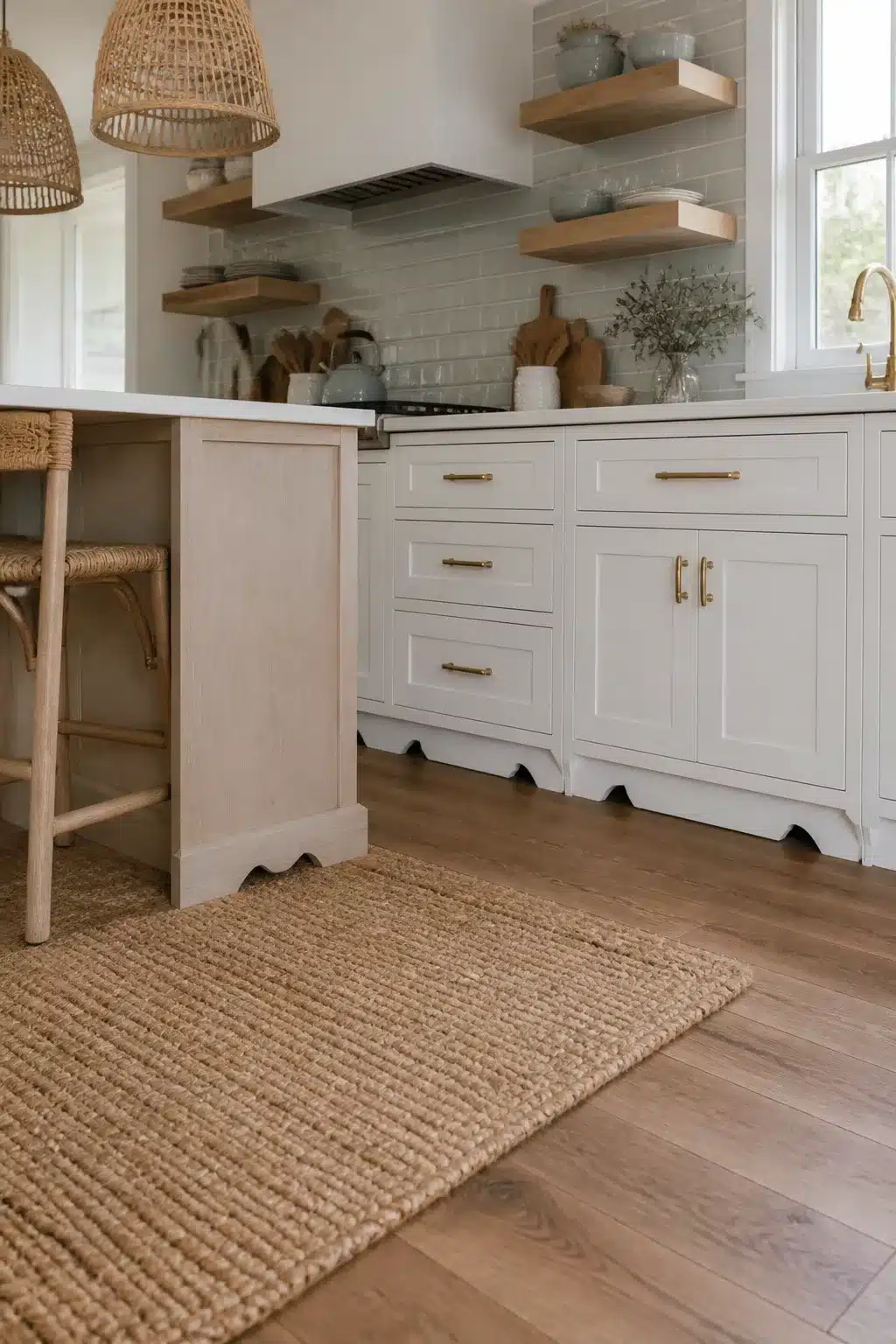 Coastal kitchen cabinets in white with scallop toe-kick detail, brass pulls, open oak shelves, and jute rug