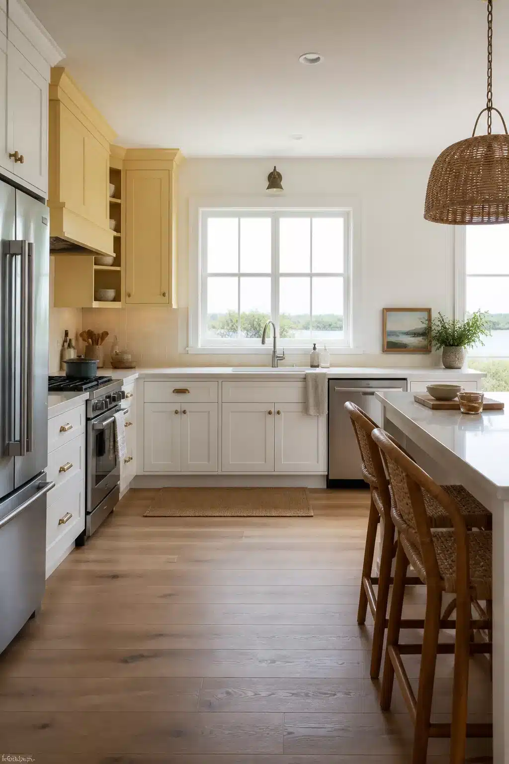 Pale yellow upper coastal kitchen cabinets with white lowers, gold hardware, and rattan pendant light.