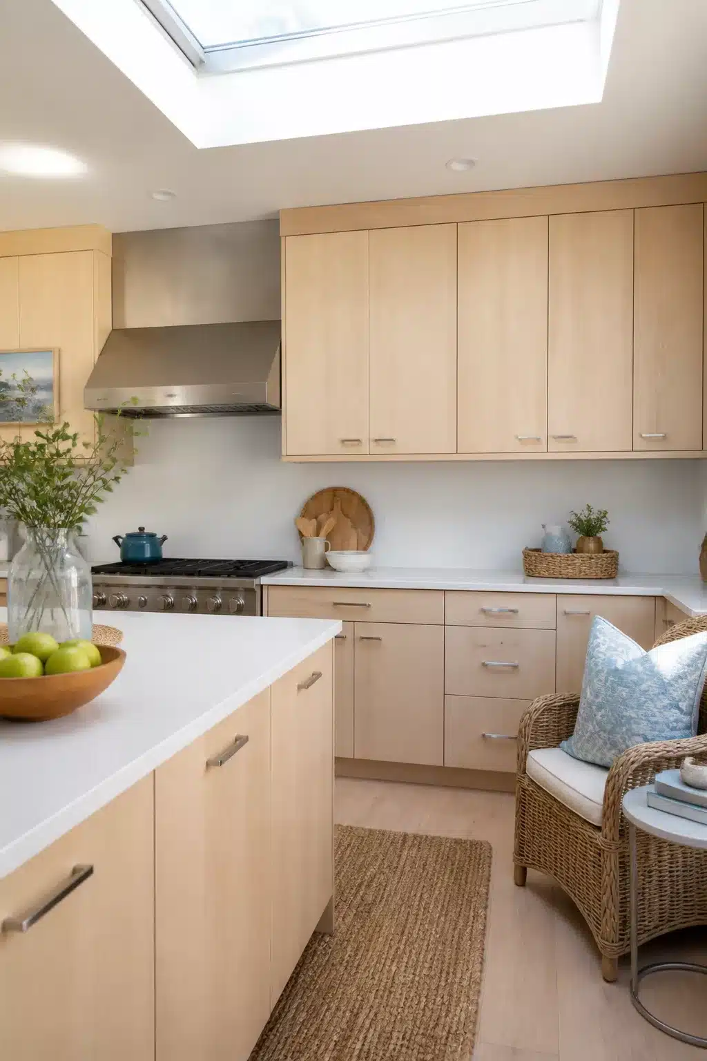 Bleached maple flat-front coastal kitchen cabinets with chrome pulls, white quartz counters, and a skylight overhead.