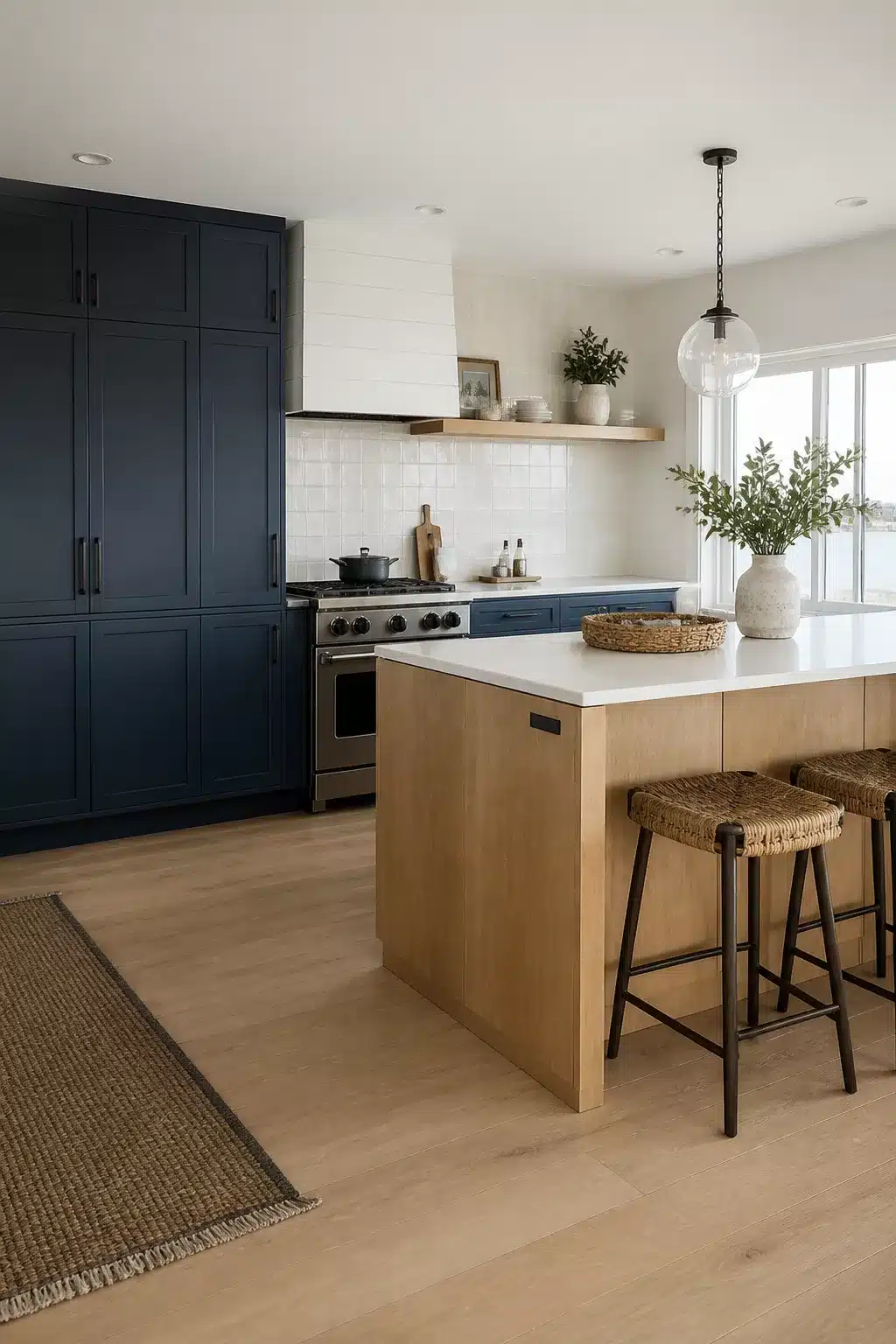 Coastal kitchen cabinets combining navy full-height pantry and light oak island with white quartz countertop.
