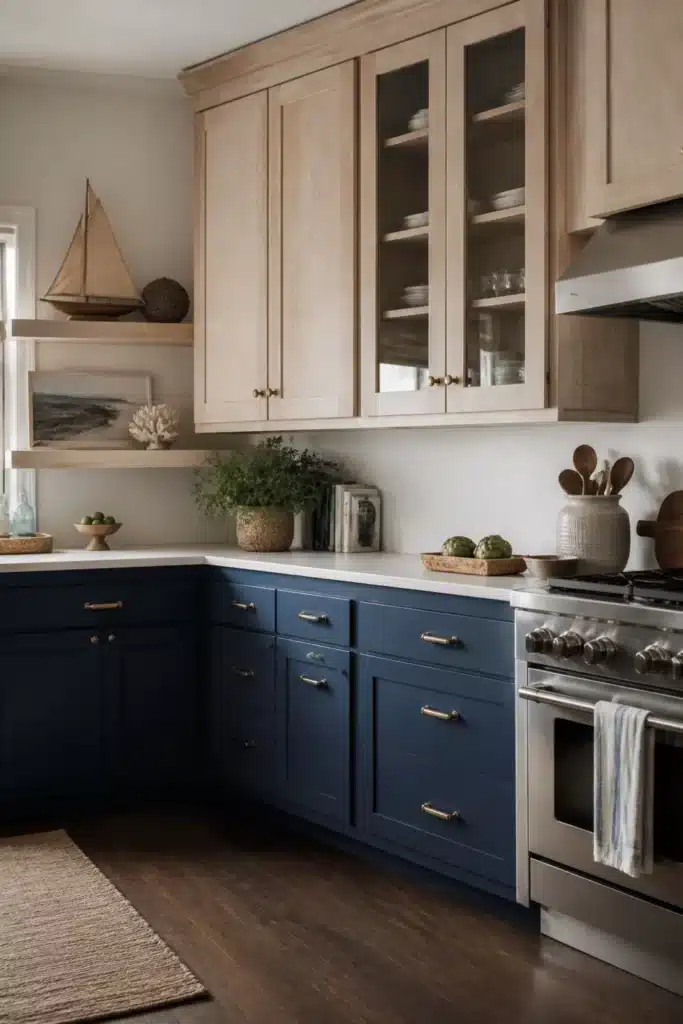 Coastal kitchen cabinets with cerused oak uppers, navy blue lowers, brass hardware, and white countertops.