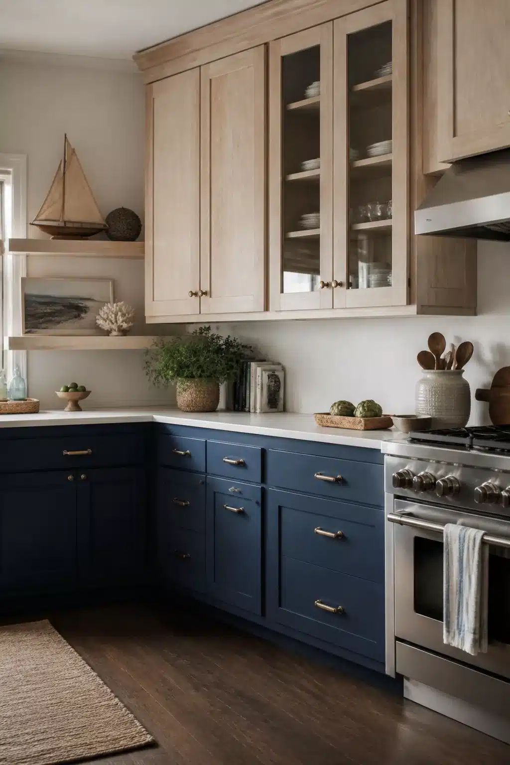 Coastal kitchen cabinets with cerused oak uppers, navy blue lowers, brass hardware, and white countertops.