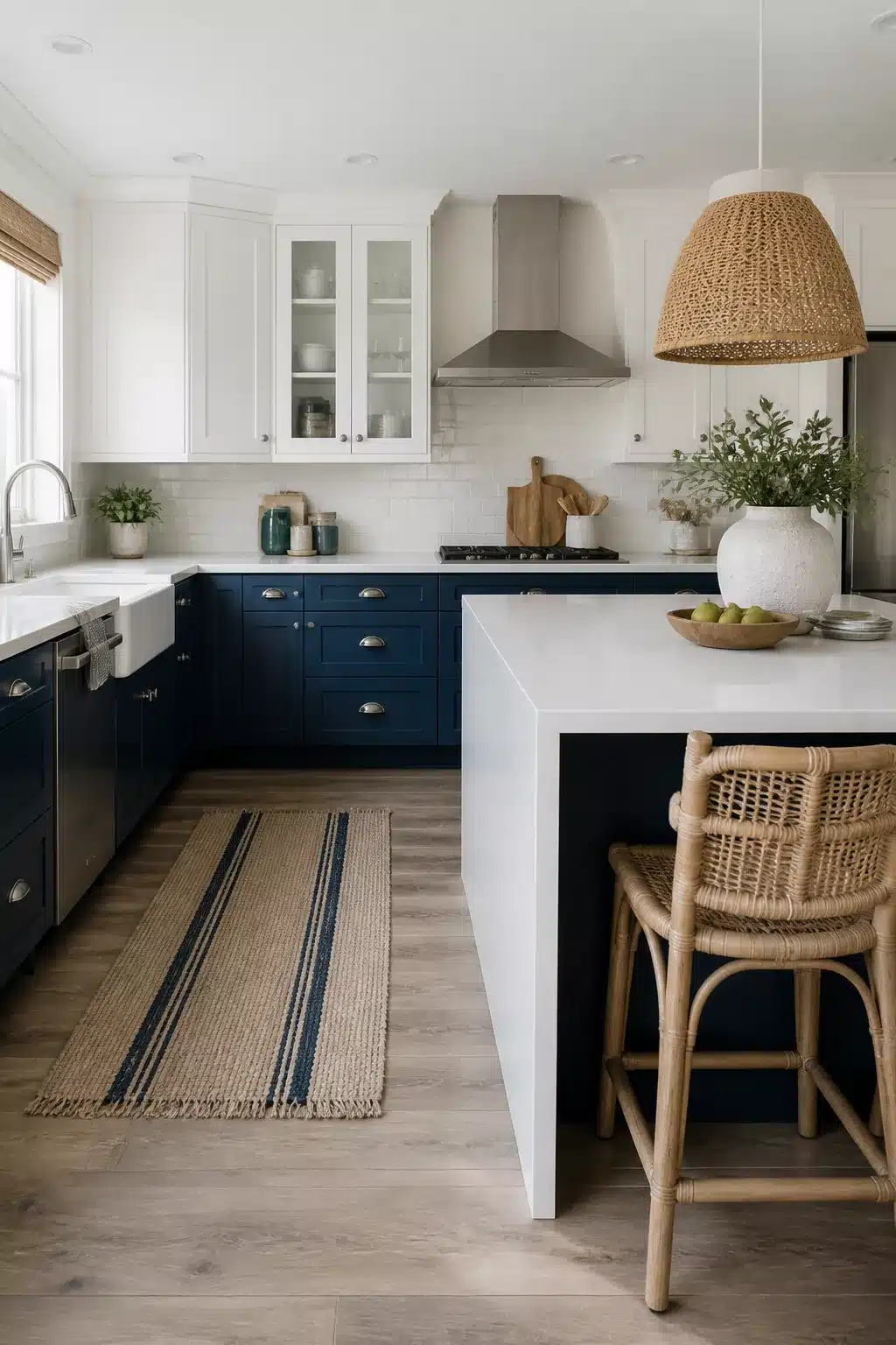 Coastal kitchen cabinets in deep navy blue with white uppers, rattan barstools, and a jute striped runner