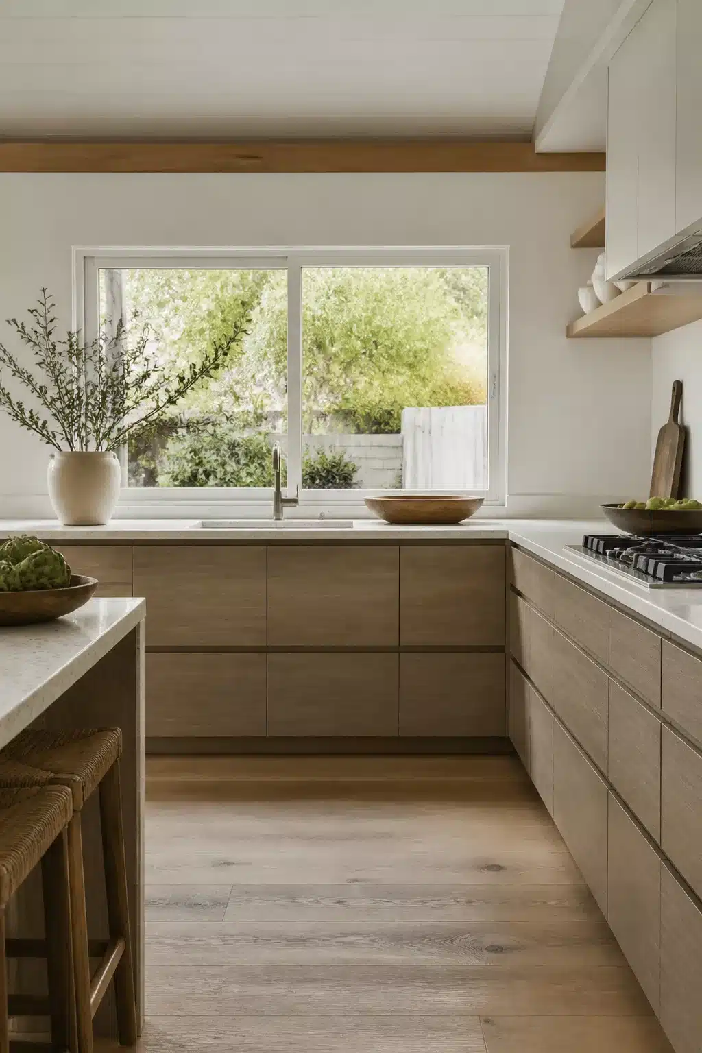 Coastal kitchen cabinets in driftwood oak with flat-front doors, white stone counters, and wide-plank floors
