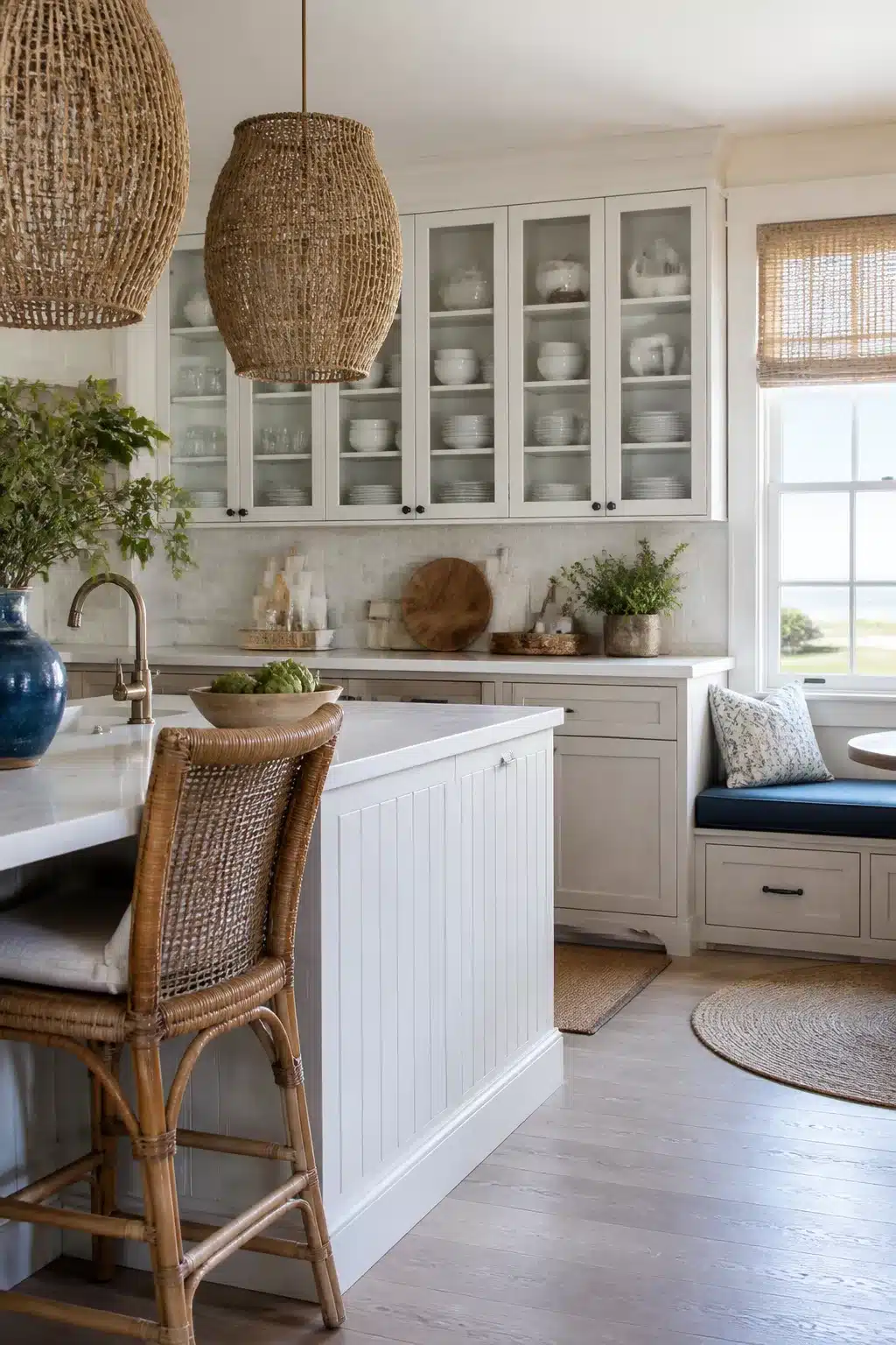 Coastal kitchen cabinets with glass-front uppers, beadboard island, rattan stools, and woven pendant lights
