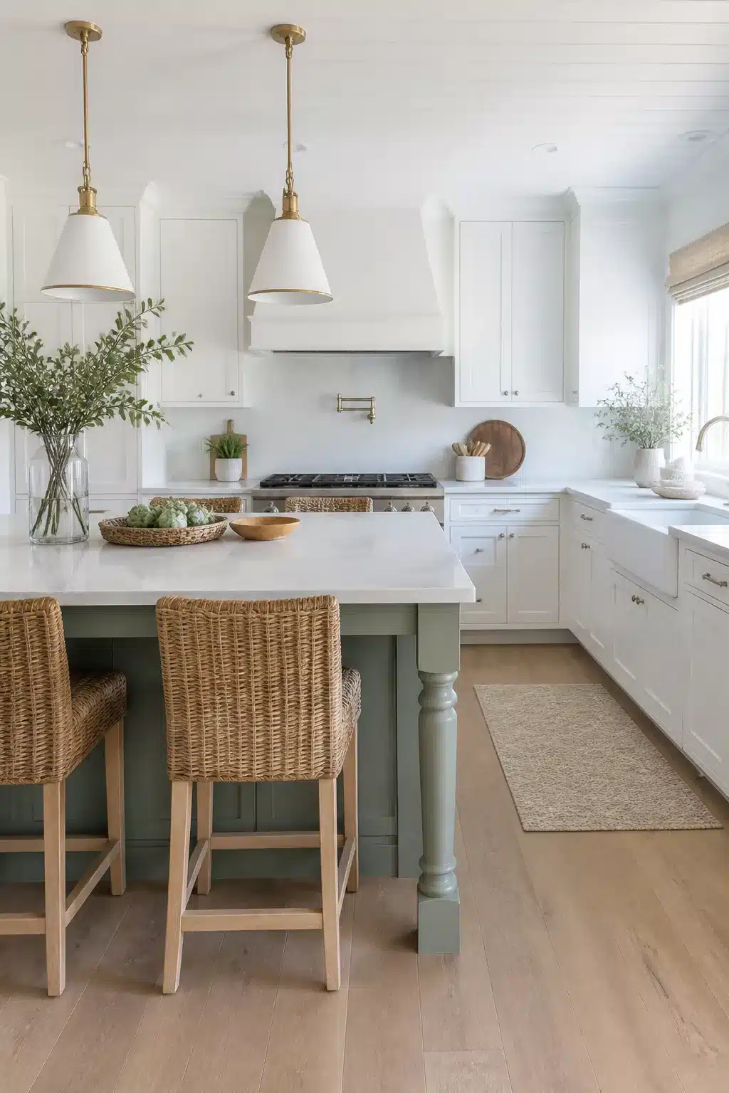 Sage green kitchen island with turned legs and white coastal kitchen cabinets, brass pendants, rattan stools