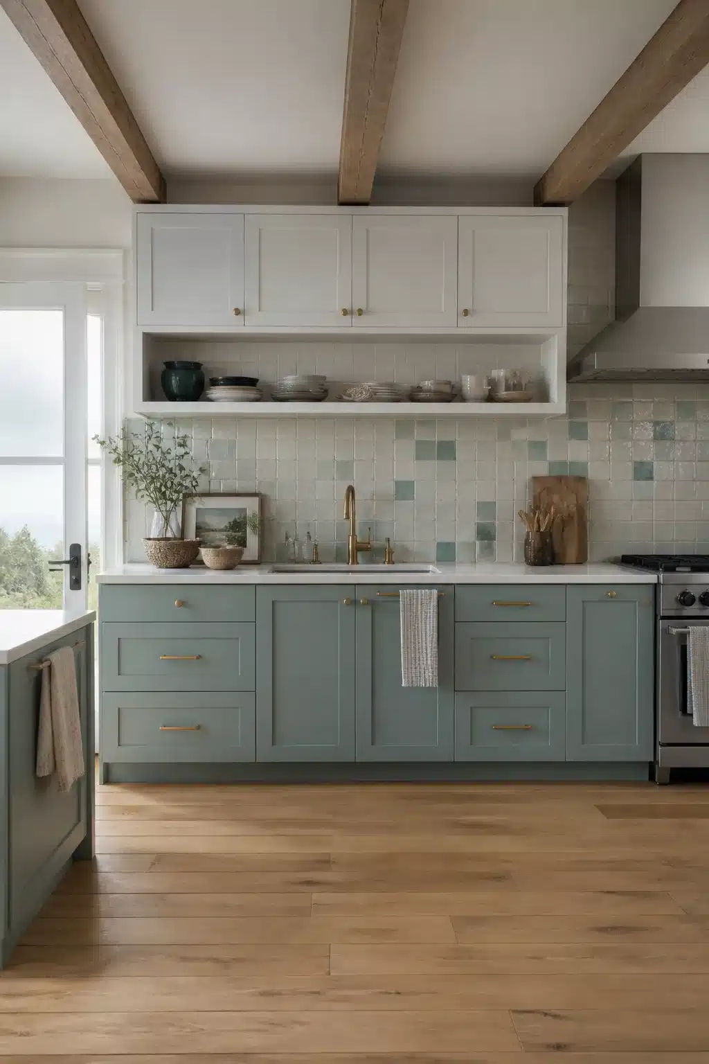 Sage-teal lower coastal kitchen cabinets with brass pulls, mixed seafoam tile backsplash, and wood ceiling beams