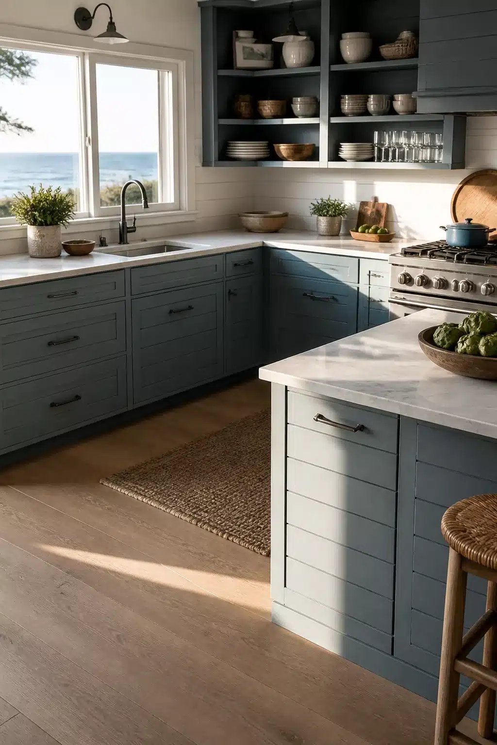 Coastal kitchen cabinets in blue-gray with shiplap faces, marble counters, open shelving, and pale oak floors