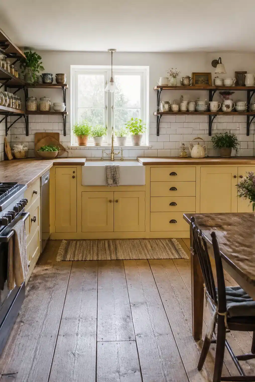 Cottage kitchen aesthetic with butter yellow cabinets, white subway tile, open shelving, and wide plank wood floors.