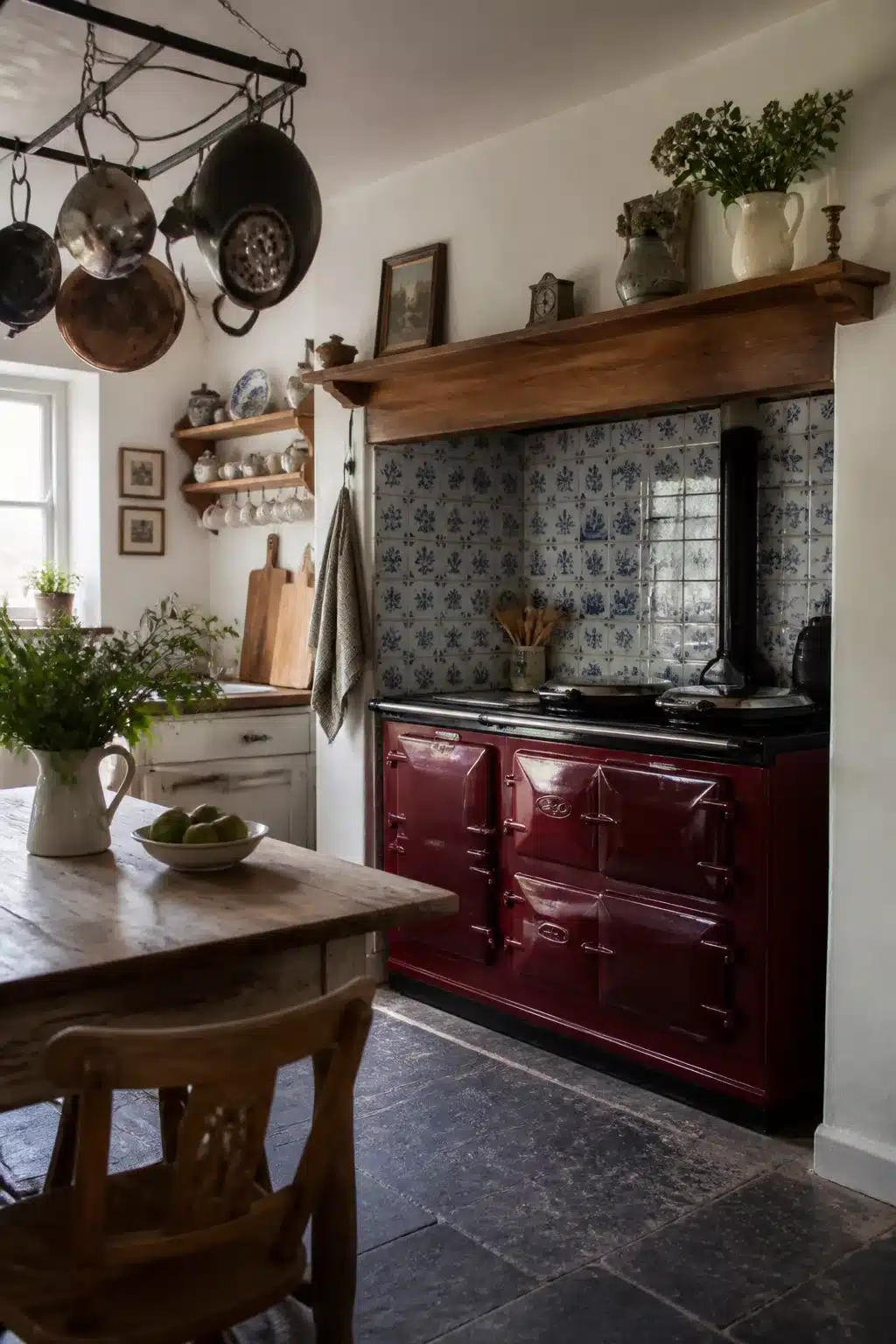 Burgundy AGA range cooker with Delft tile surround in a rustic cottage kitchen aesthetic with slate floors