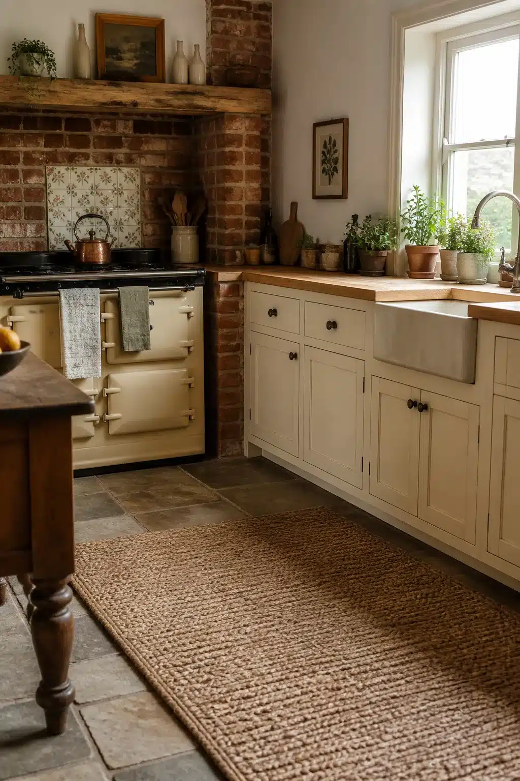 Cottage kitchen aesthetic with exposed brick chimney breast, cream range cooker, floral tile surround and jute rug