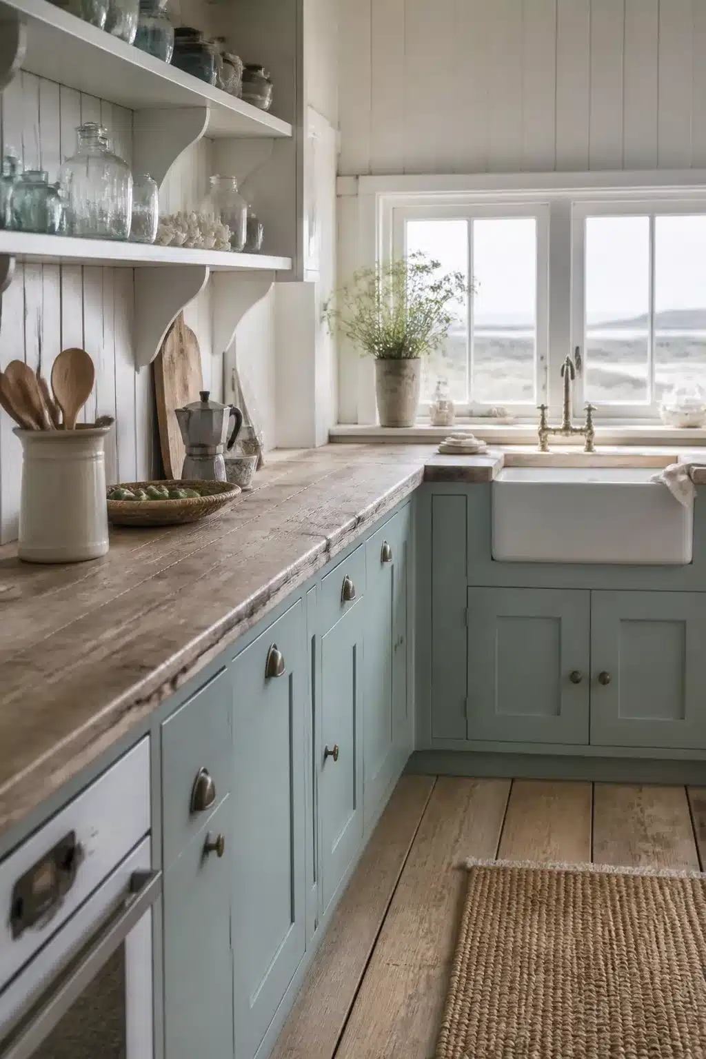 Cottage kitchen aesthetic with duck egg blue cabinets, worn wood countertop, apron sink, and open shelving with glass jars.
