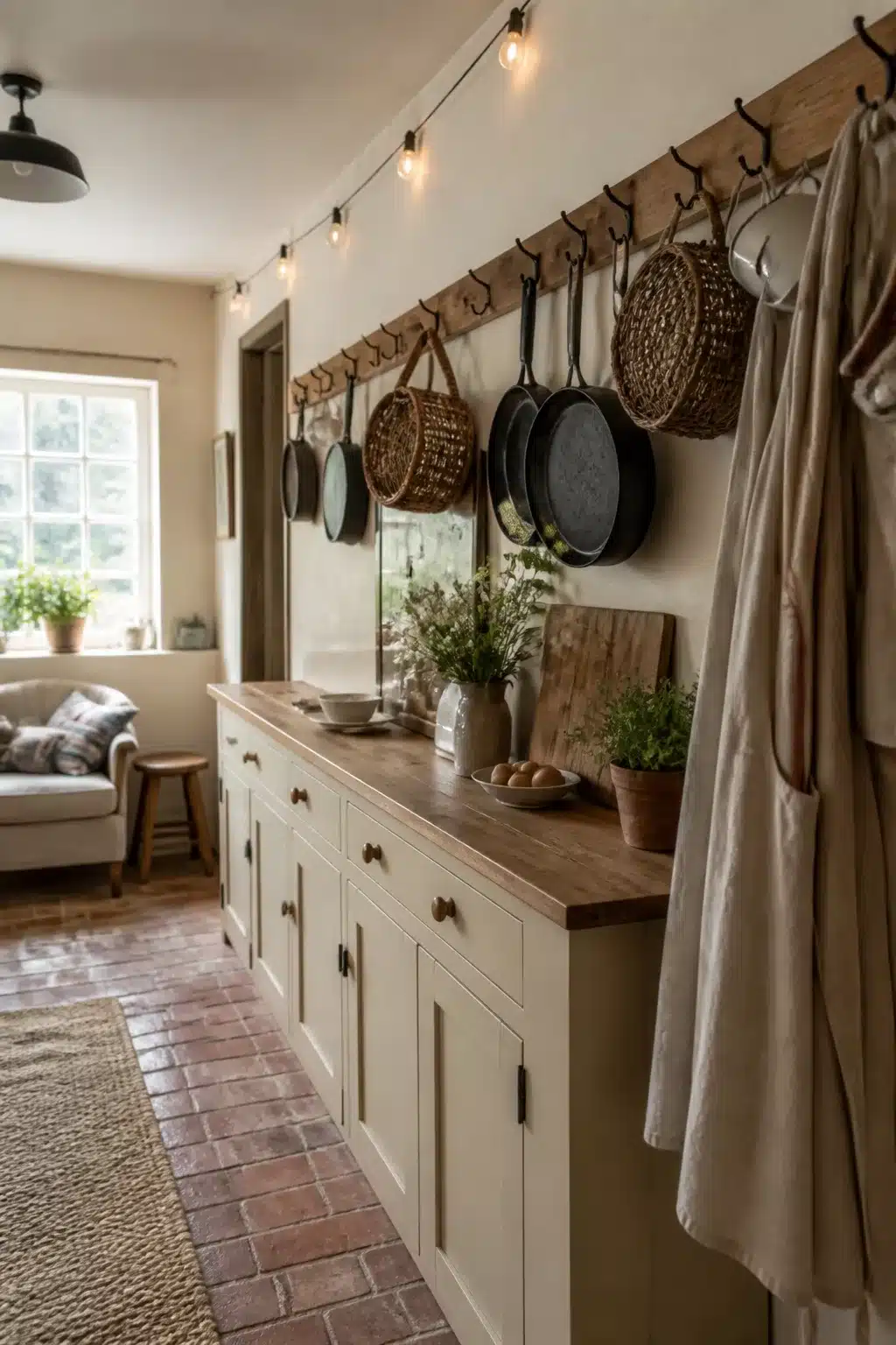 Cottage kitchen aesthetic with wooden peg rail, hanging cast iron pans, cream shaker cabinets, and brick floor.