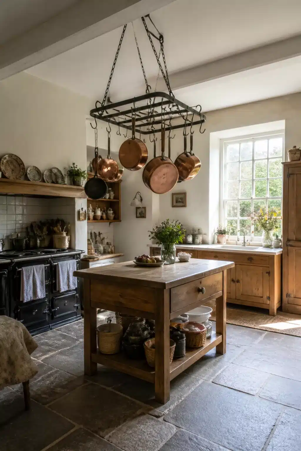 Cottage kitchen aesthetic with black iron ceiling pot rack, copper pans, wood island, AGA stove and flagstone floor