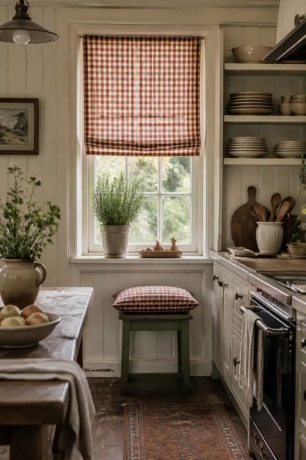 Cottage kitchen aesthetic with red gingham Roman blind, matching stool cushion, cream cabinets and open shelving.