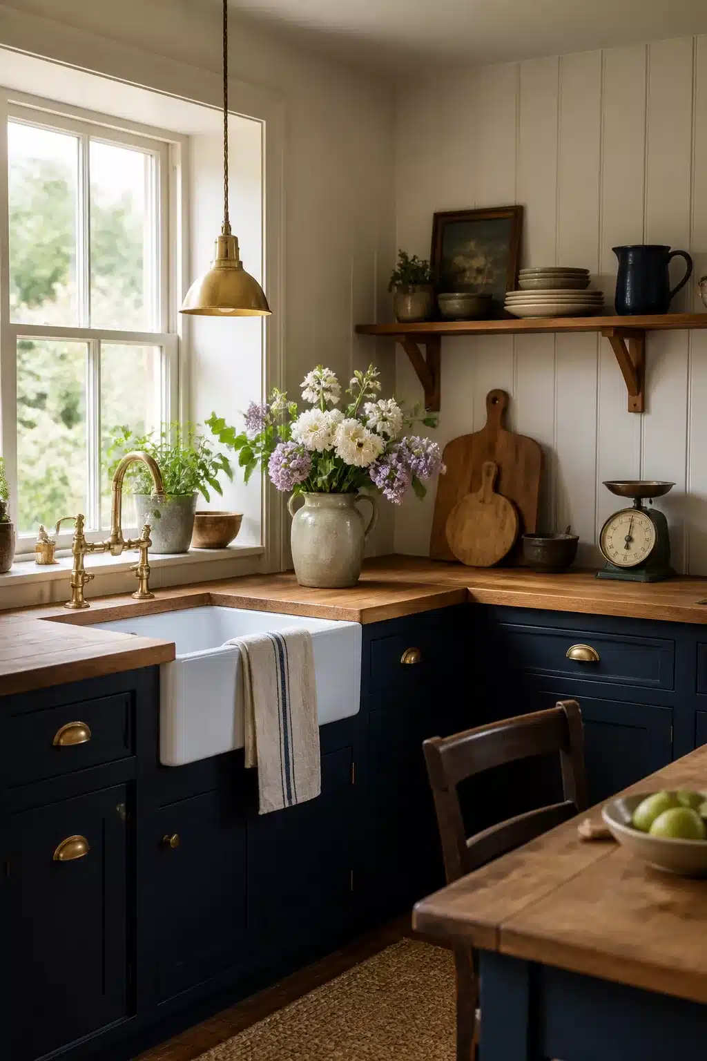 Cottage kitchen aesthetic with inky navy cabinets, brass hardware, butcher block counters and a farmhouse sink.