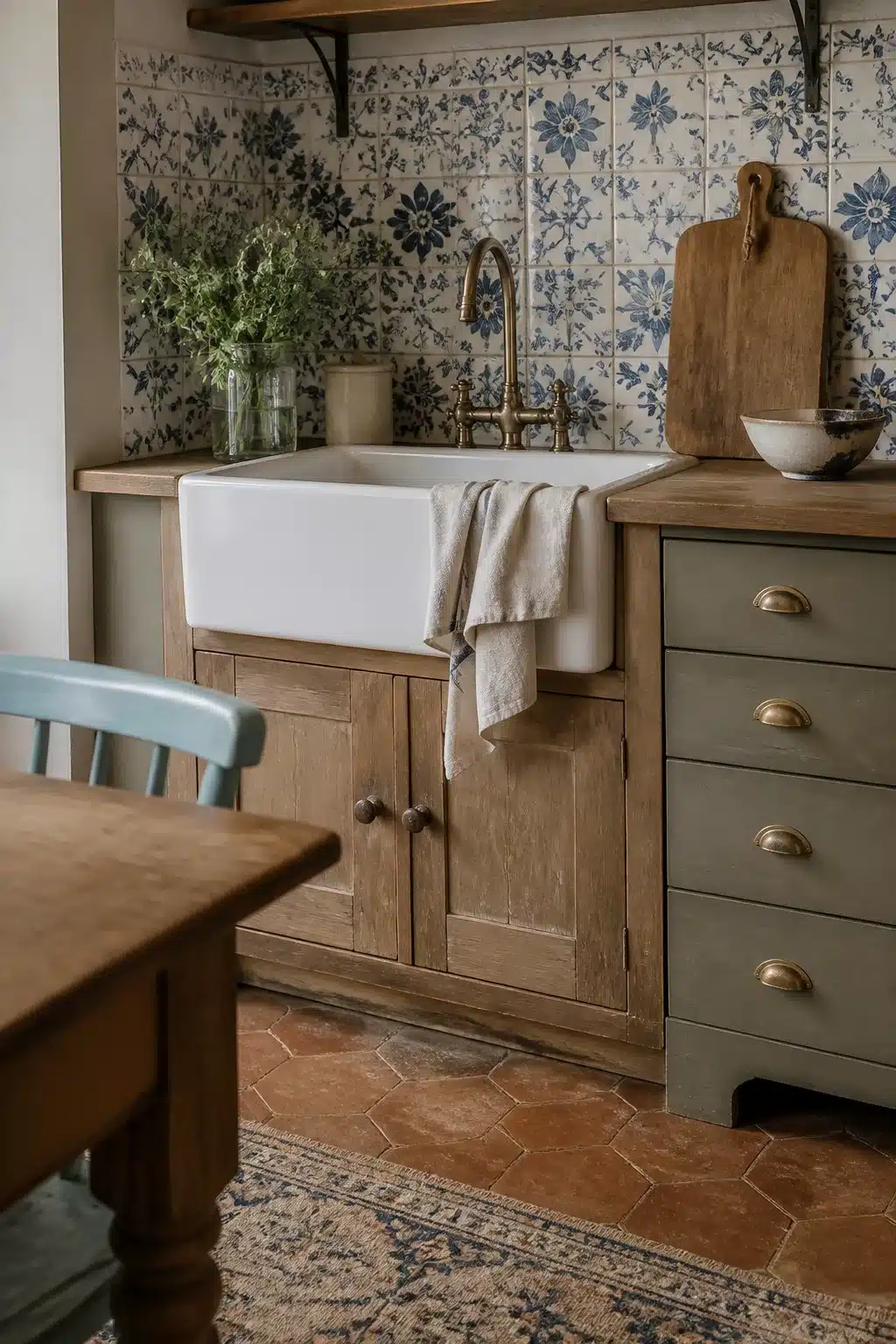 Cottage kitchen aesthetic with blue and white hand-painted tile backsplash, brass faucet, and farmhouse sink.