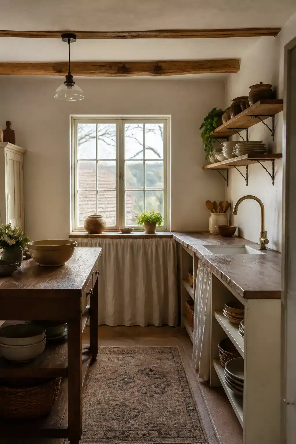 Cottage kitchen aesthetic with limewash walls, raw wood beams, linen cabinet curtains, and open stoneware shelves.