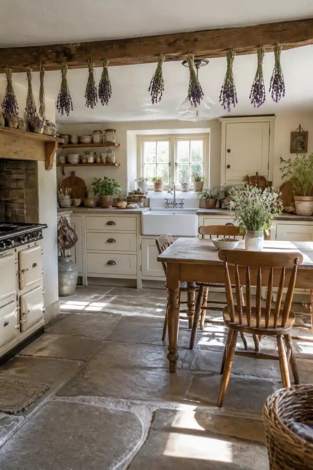 Cottage kitchen aesthetic with flagstone floor, Belfast sink, dried lavender beams and rustic pine dining table