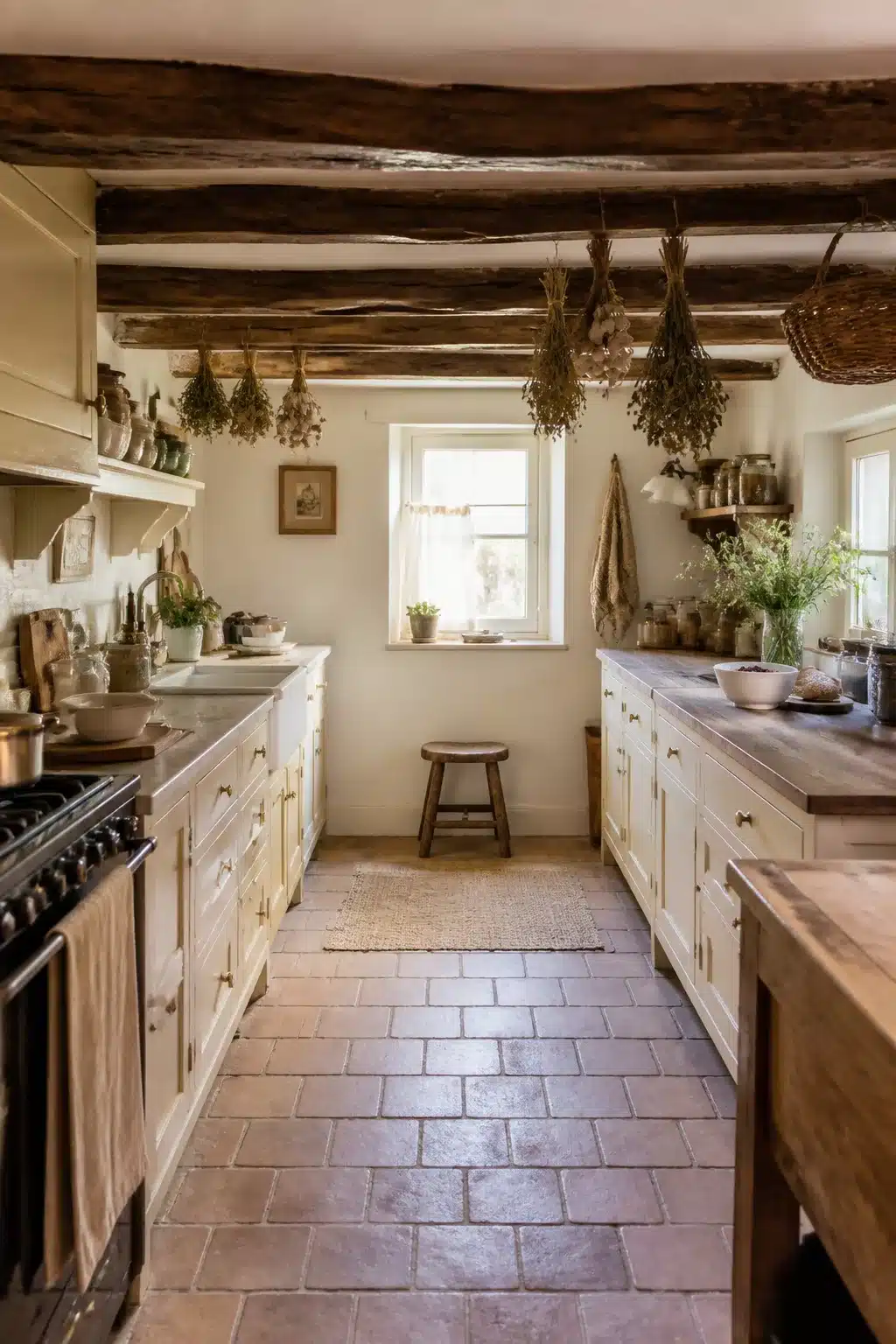 Cottage kitchen aesthetic with exposed ceiling beams, dried herb bundles, cream cabinets and terracotta floor tiles in a narrow galley layout.