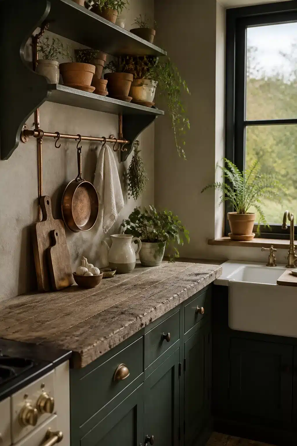 Cottage kitchen aesthetic with forest green shaker cabinets, copper pot rail, and rustic wood countertop.
