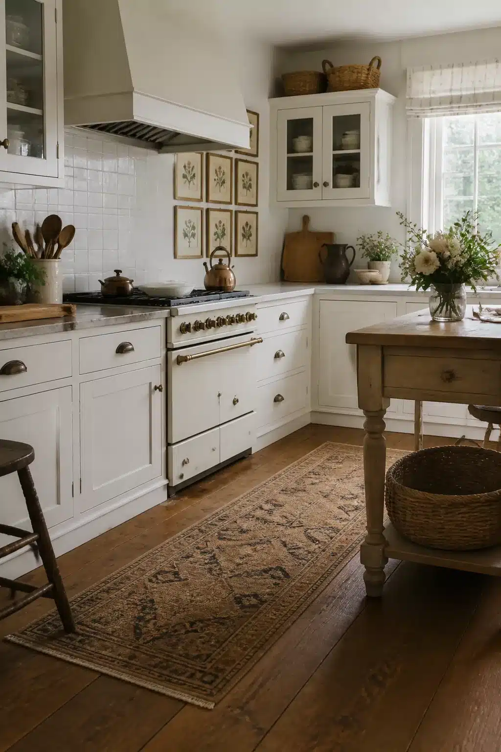 Cottage kitchen aesthetic with white shaker cabinets, botanical print gallery wall, and wide-plank hardwood floors.